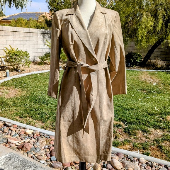 Vintage 1970s Petite Small Custom Suede Leather Double Breasted Trench Coat EUC